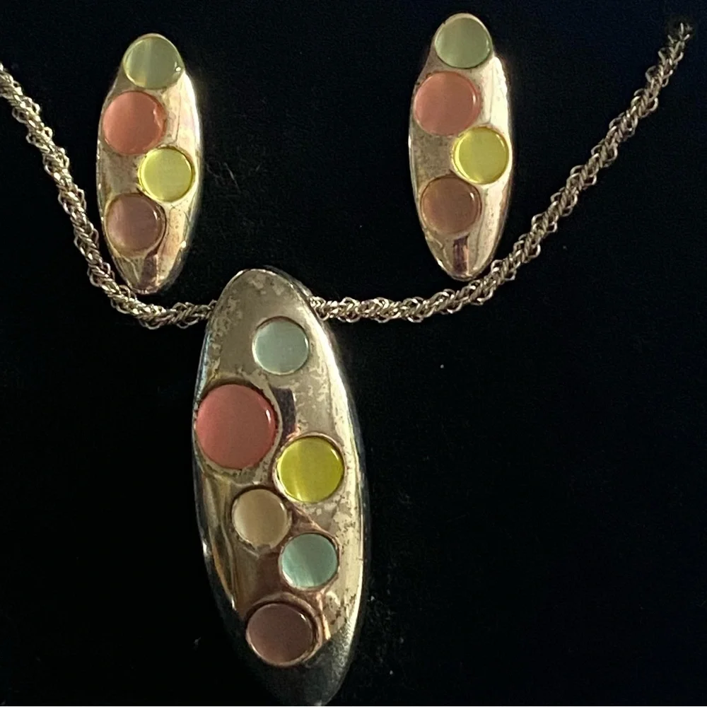 Rare! Vintage Whiting Davis Silver Earrings Pendant & Intricately Woven Chain Se